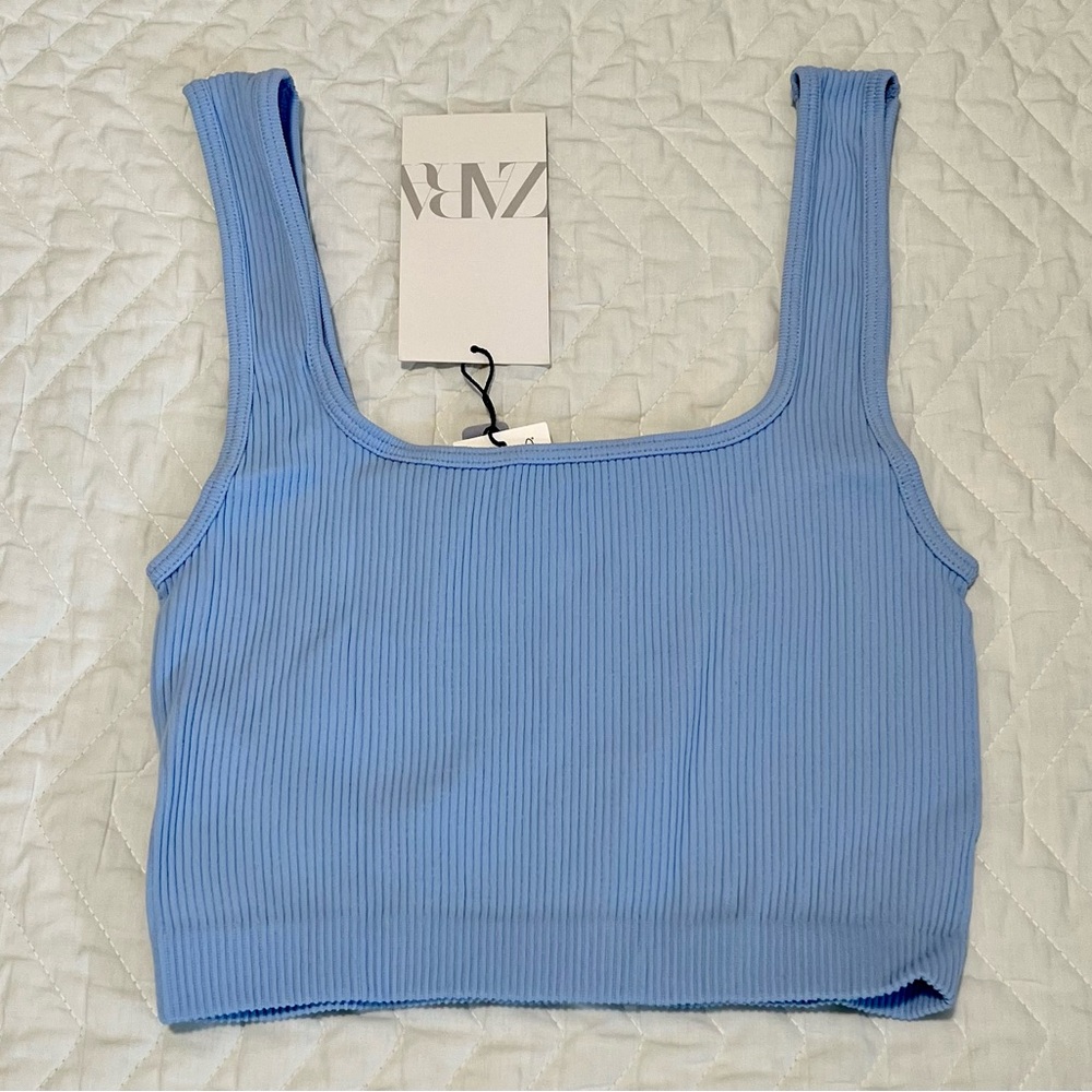 Zara Blue Ribbed Crop Tank Top